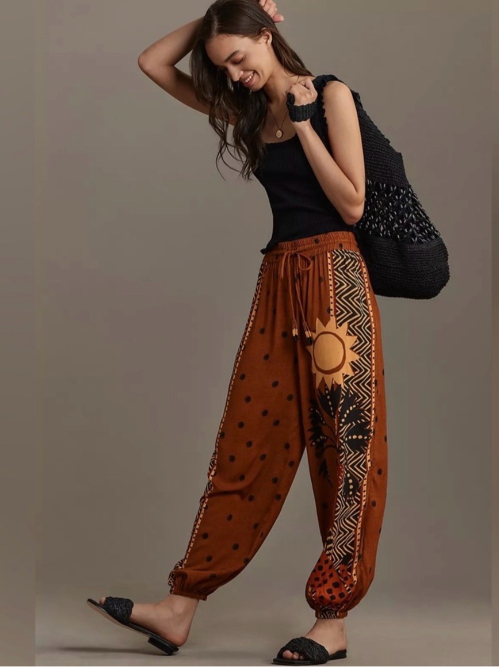 Anthropologie Rust Brown Printed Harem Track Pants